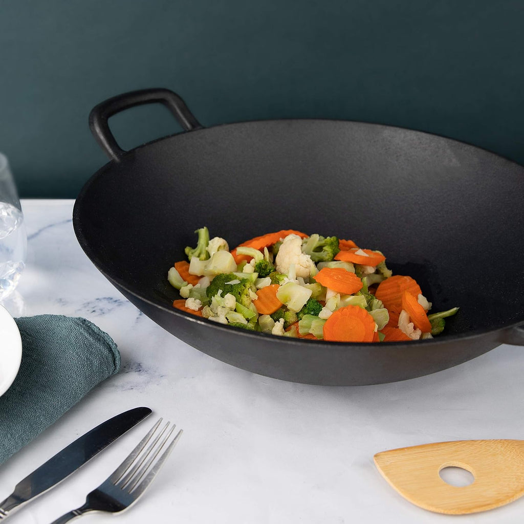 Pre-Seasoned Cast Iron Wok with Wooden Lid 14 Inches Nonstick Deep Frying Pan X34655
