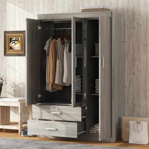 Gray Wood Armoire Wardrobe with Mirror D86329