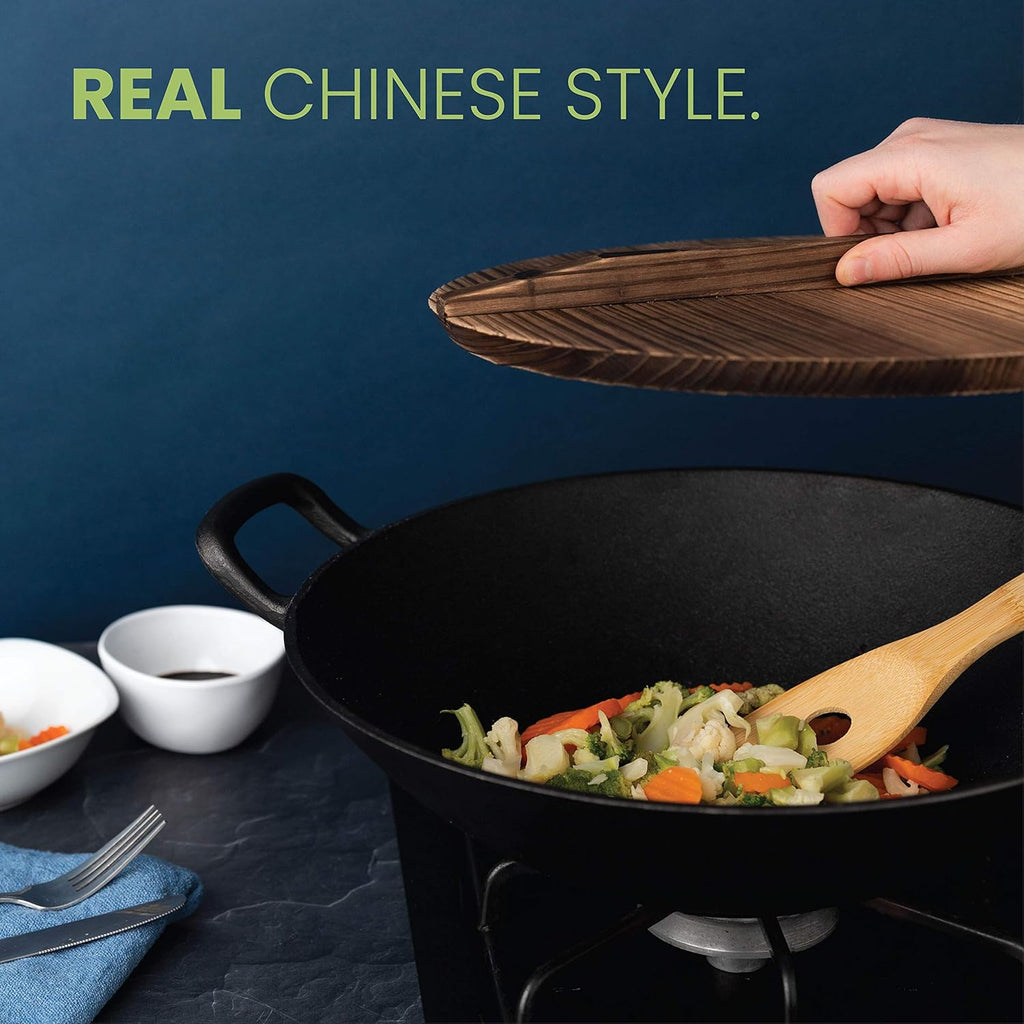Pre-Seasoned Cast Iron Wok with Wooden Lid 14 Inches Nonstick Deep Frying Pan X34655