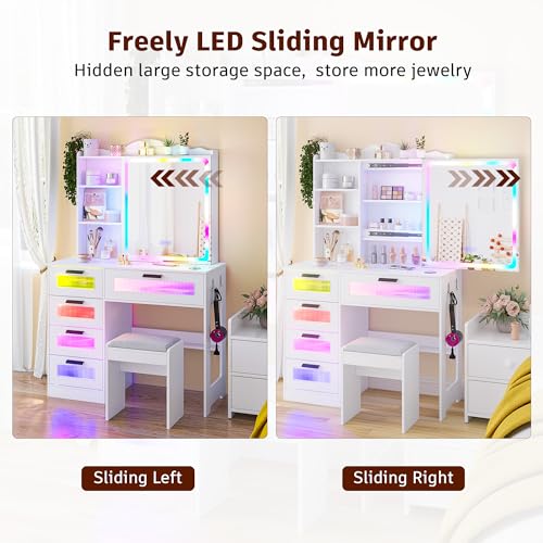 White Vanity Desk with Mirror and Lights, 5 Drawers I734539