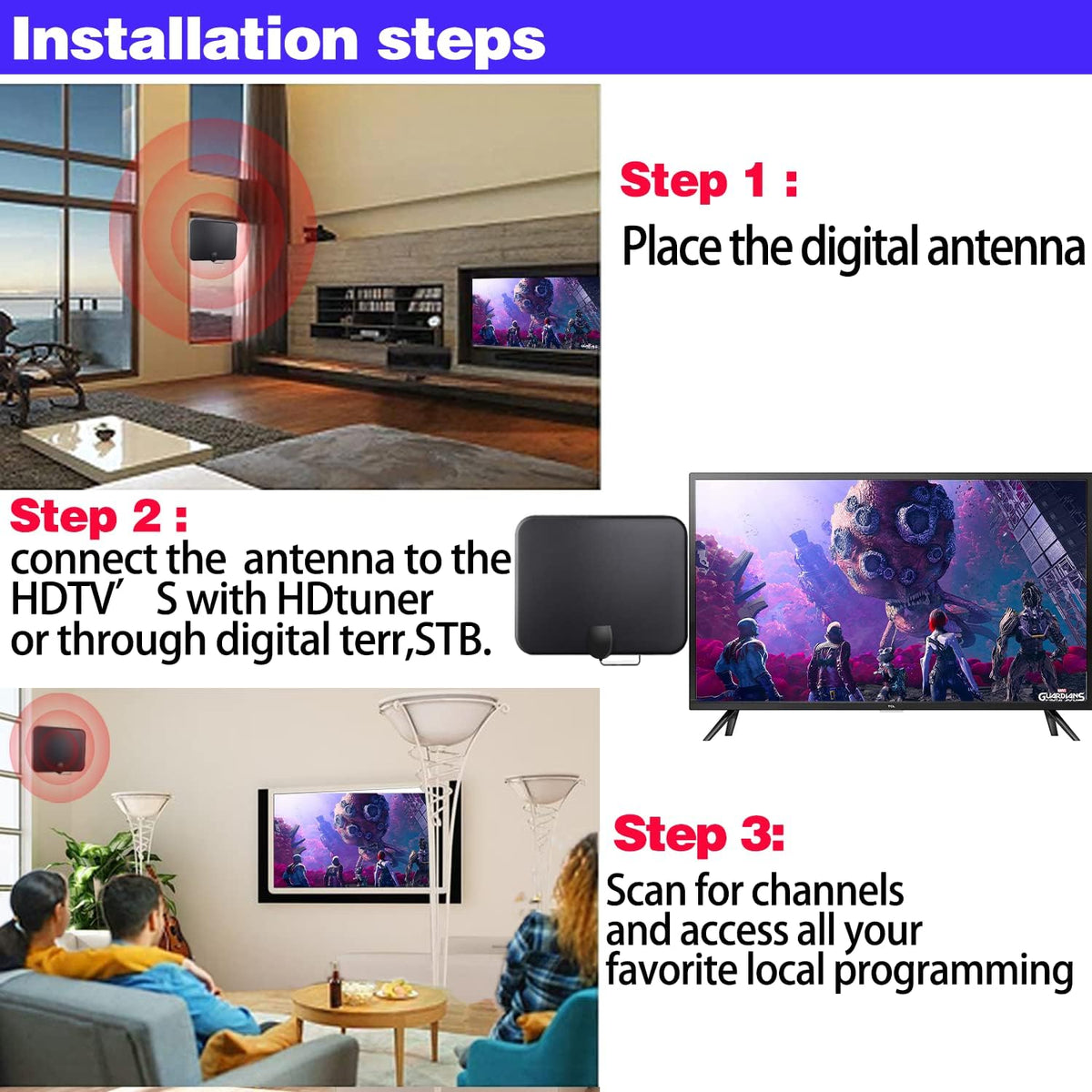 HD Digital TV Antenna 250 Miles Range 4K 1080p 18ft Coax Cable Pack of 2 W2134