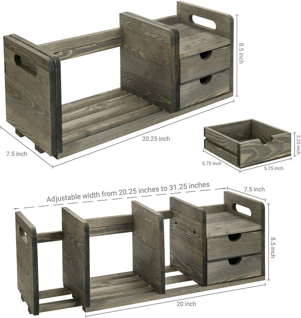 Vintage Gray Solid Wood Desktop Bookshelf Organizer with 2 Pullout Drawers Z77987
