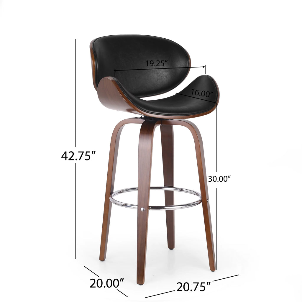 Mid Century Modern Faux Leather Wood Swivel Barstool W9005