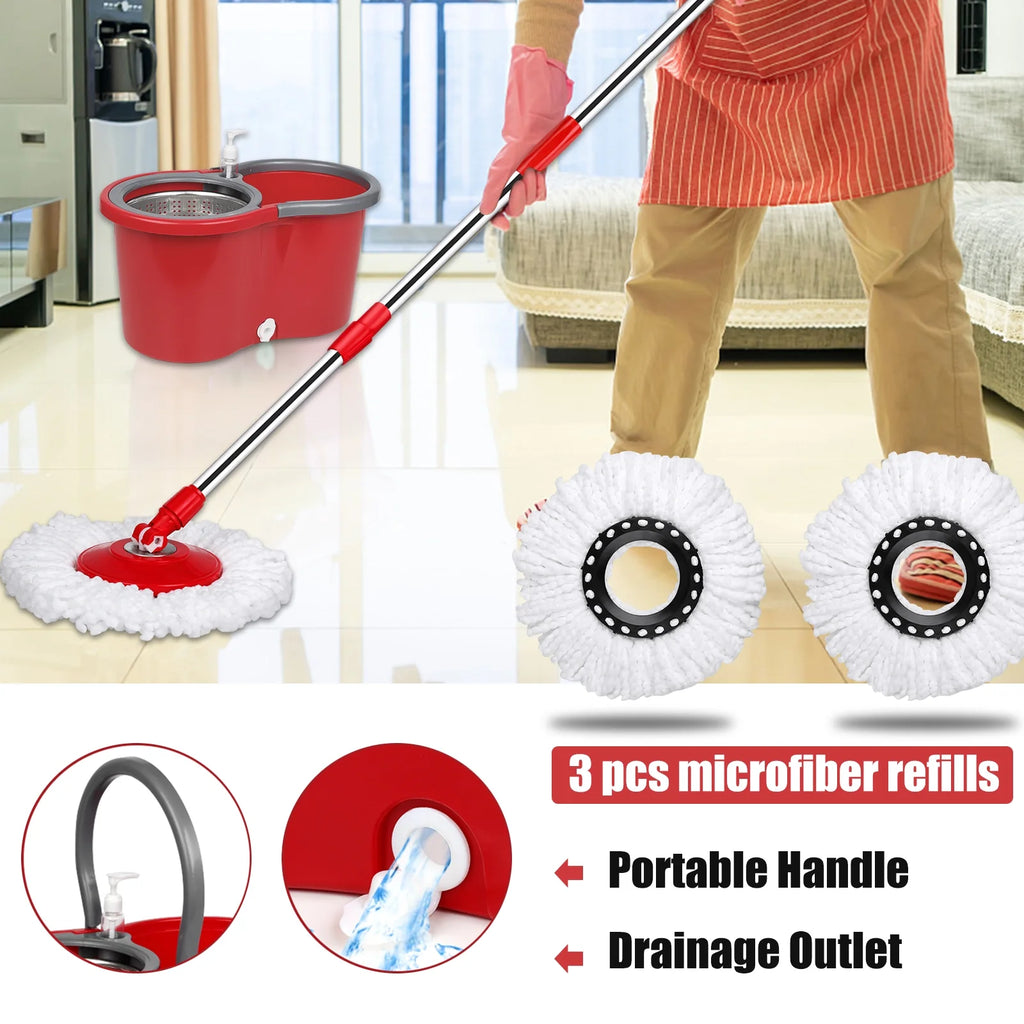 Red & Gray Microfiber Spin Mop and Bucket with 3 Mop Heads E1828