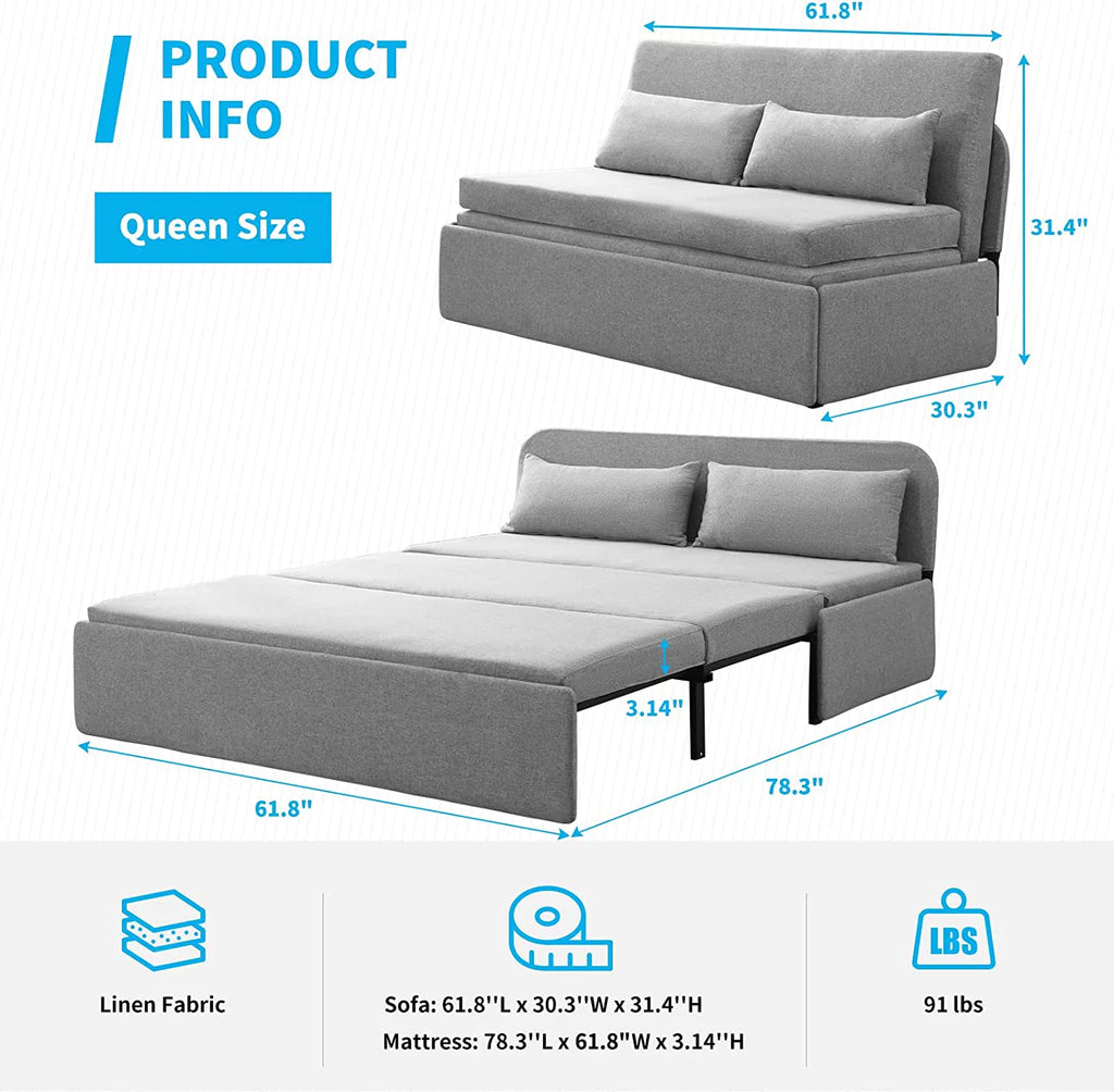 Queen Size Light Gray Linen Convertible Sofa Bed W270