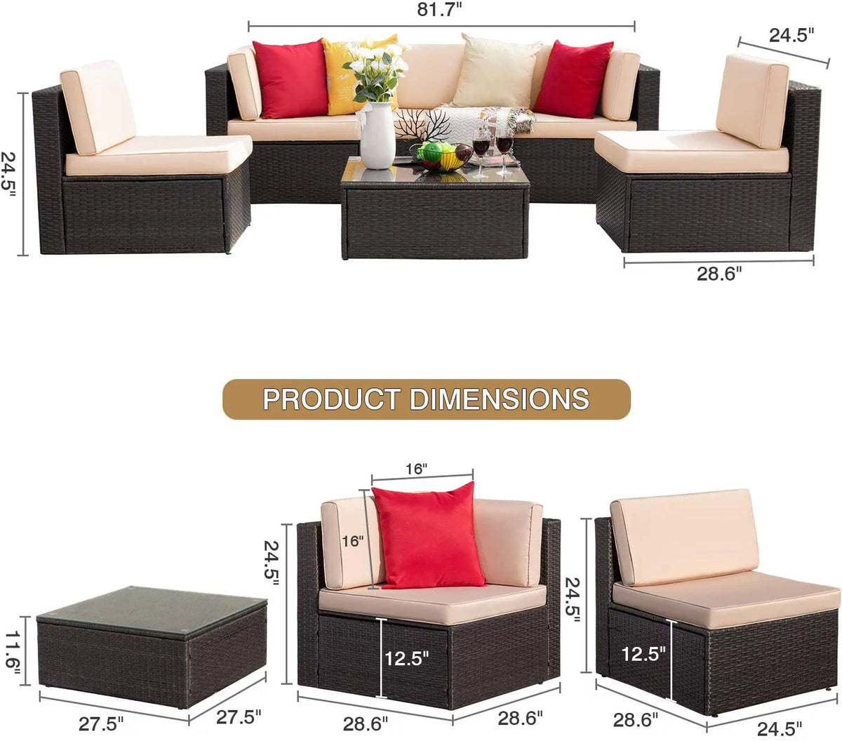 6 Pieces Wicker PE Rattan Sectional Sofa with Cushions I45822