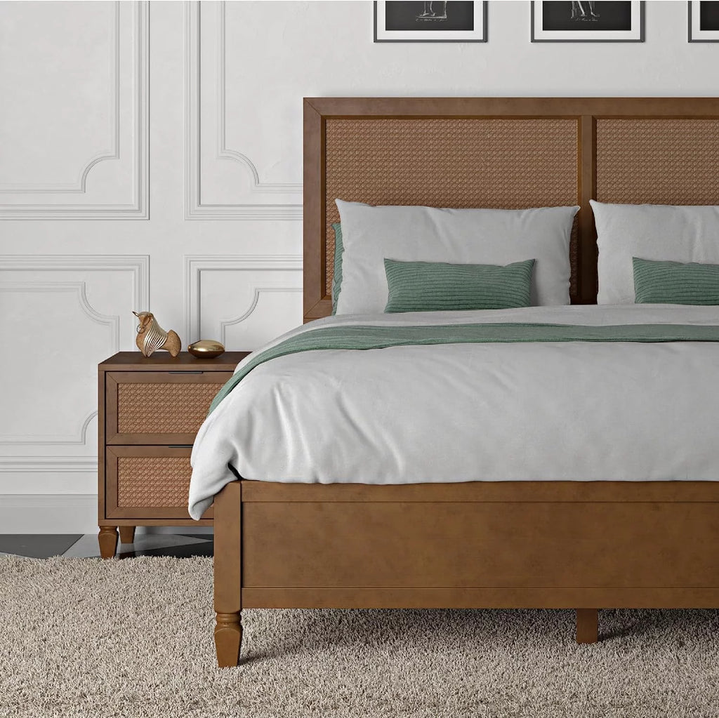 Walnut Rattan 2-Drawer Nightstand I47781