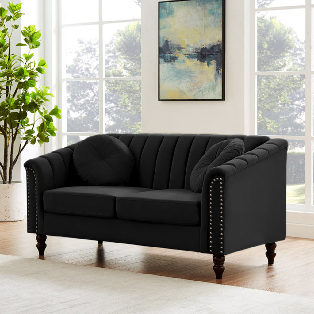 Black Velvet Loveseat Sofa with Pillows and Nailhead Trim Armrest V552718