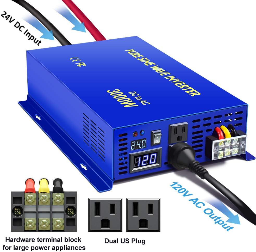 3000W Pure Sine Wave Power Inverter 24V to 110V 120V with Wireless Remote Switch A276