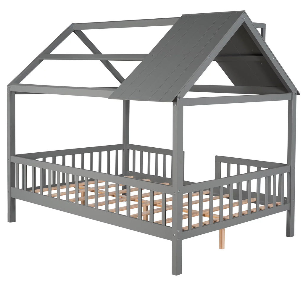 Full Size Wood Bed Frame with Roof and Fence E7241