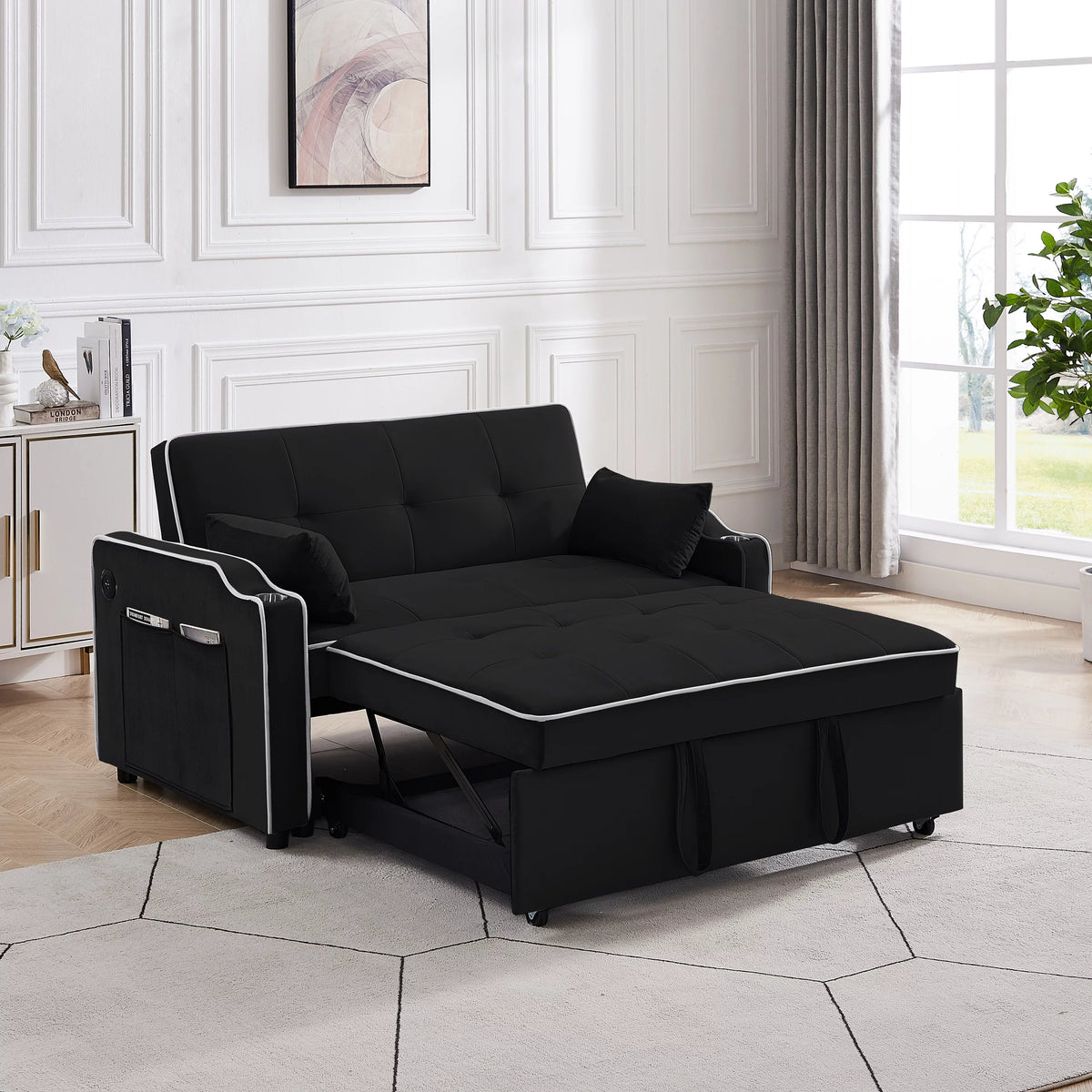 Black Pull Out Loveseat Sleeper Sofa Bed with Cup Holders P588502