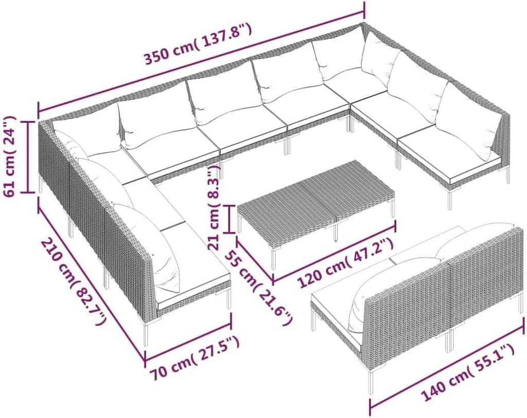 12 Piece Patio Lounge Set with Cushions Poly Rattan Dark Gray H357