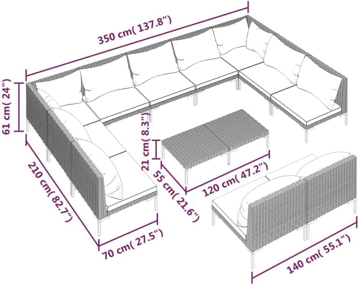 12 Piece Patio Lounge Set with Cushions Poly Rattan Dark Gray H357