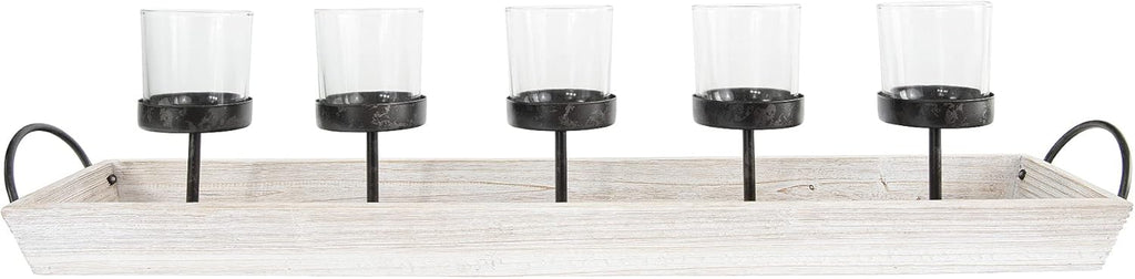 White Metal Rectangle Wood Tray with Handles Votive Holder F27314