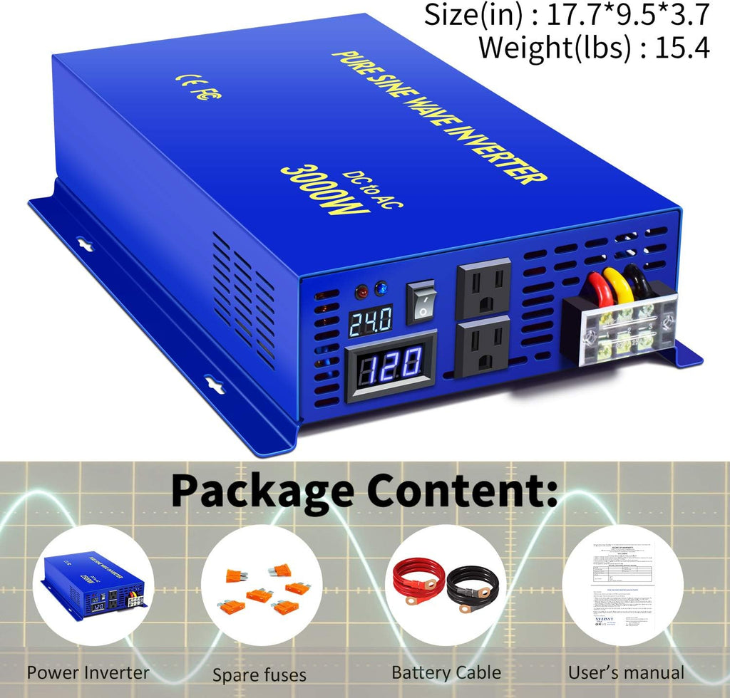 3000W Pure Sine Wave Power Inverter 24V to 110V 120V with Wireless Remote Switch A276