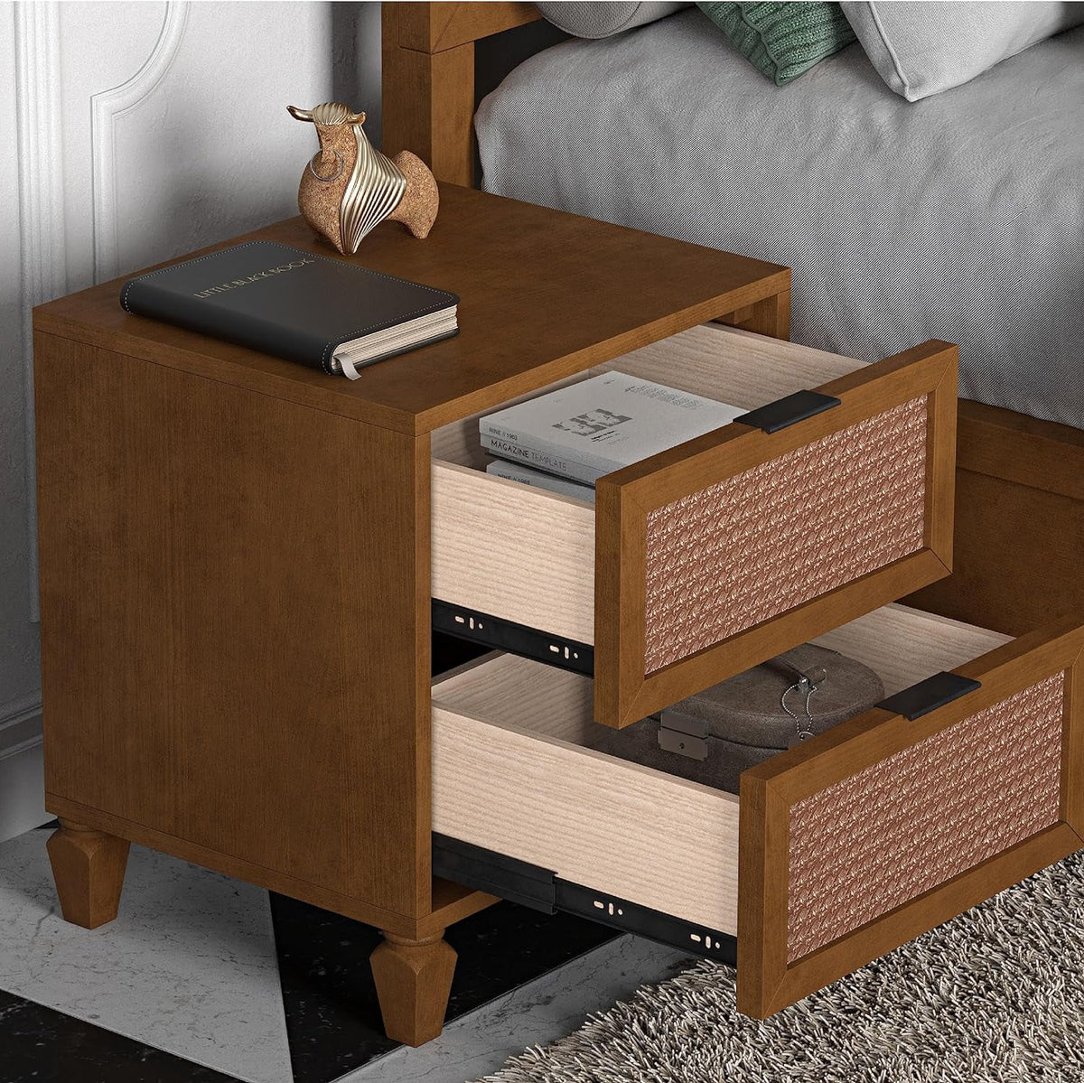 Walnut Rattan 2-Drawer Nightstand I47781