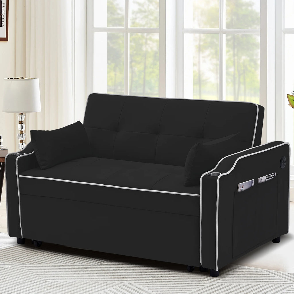 Black Pull Out Loveseat Sleeper Sofa Bed with Cup Holders P588502