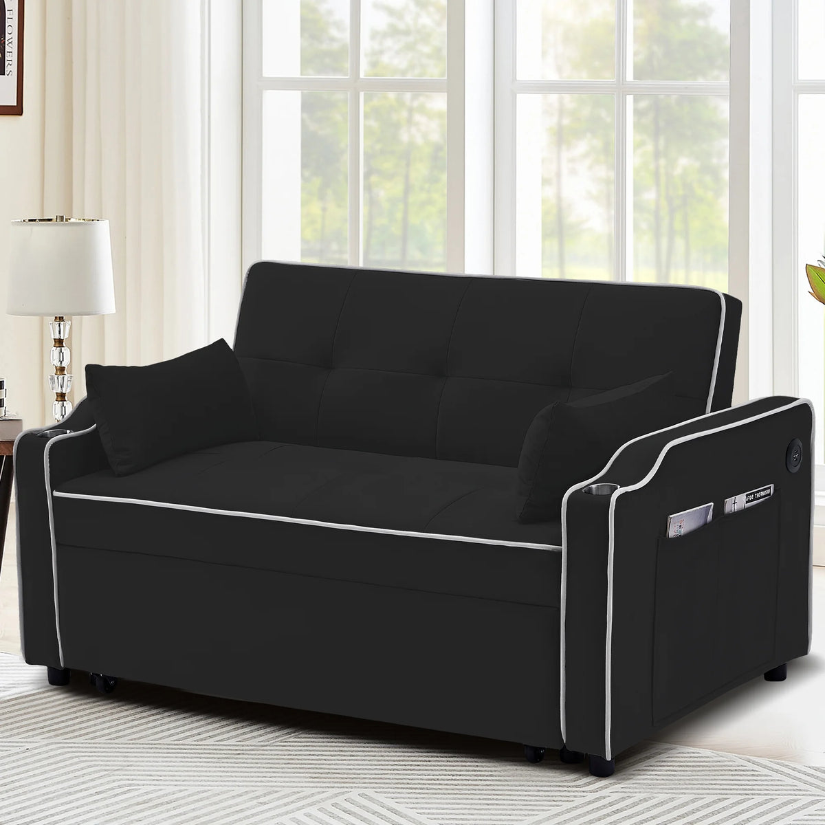 Black Pull Out Loveseat Sleeper Sofa Bed with Cup Holders P588502
