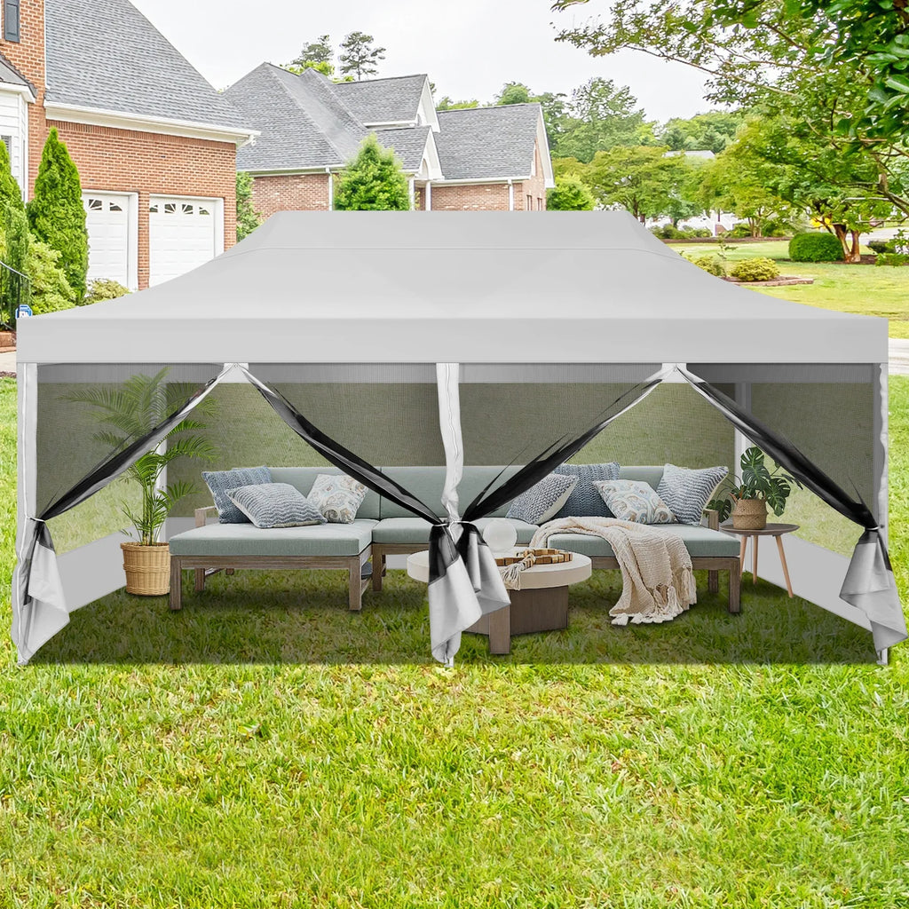 White 10' x 20' Pop up Canopy Tent with 6 Mosquito Side Walls & Carry Bag I7162
