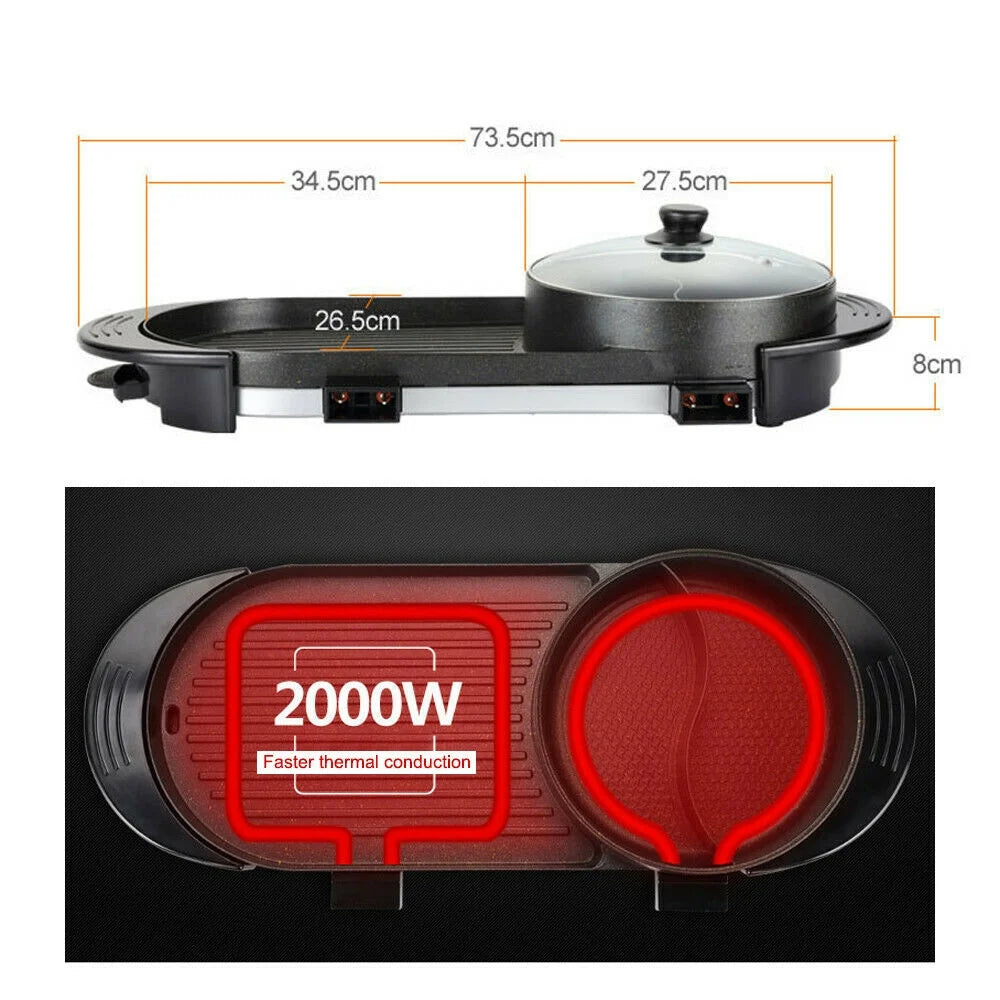 2 in 1 Portable Electric Hot Pot Barbecue Grill Non-Stick Pan B3988