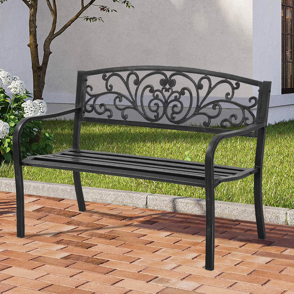 Black Steel Patio Bench with Back and Cast Iron Armrest M968