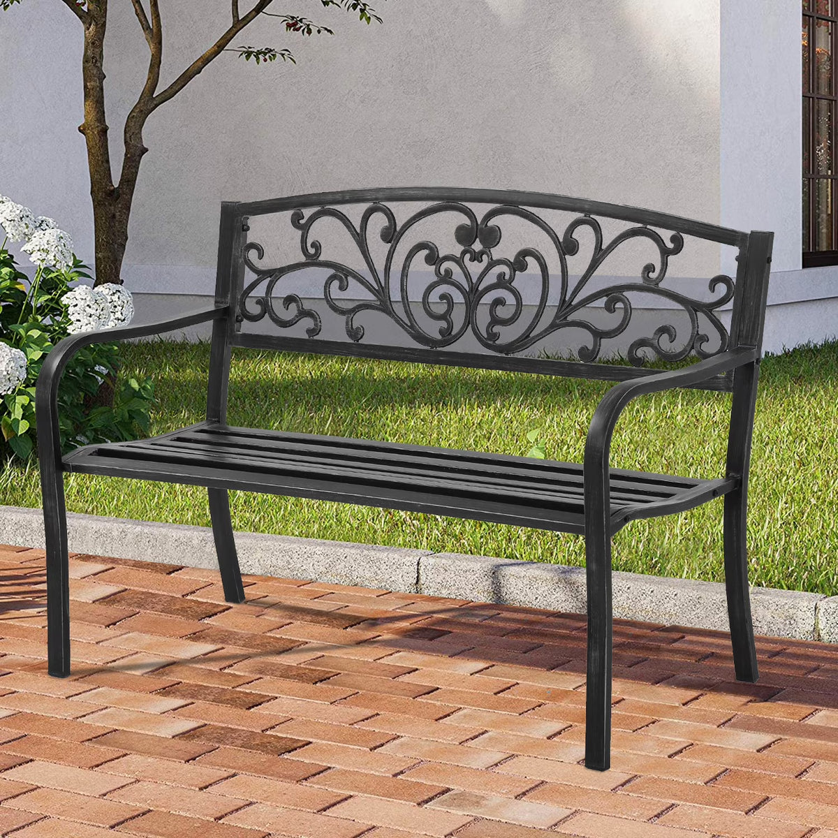 Black Steel Patio Bench with Back and Cast Iron Armrest M968