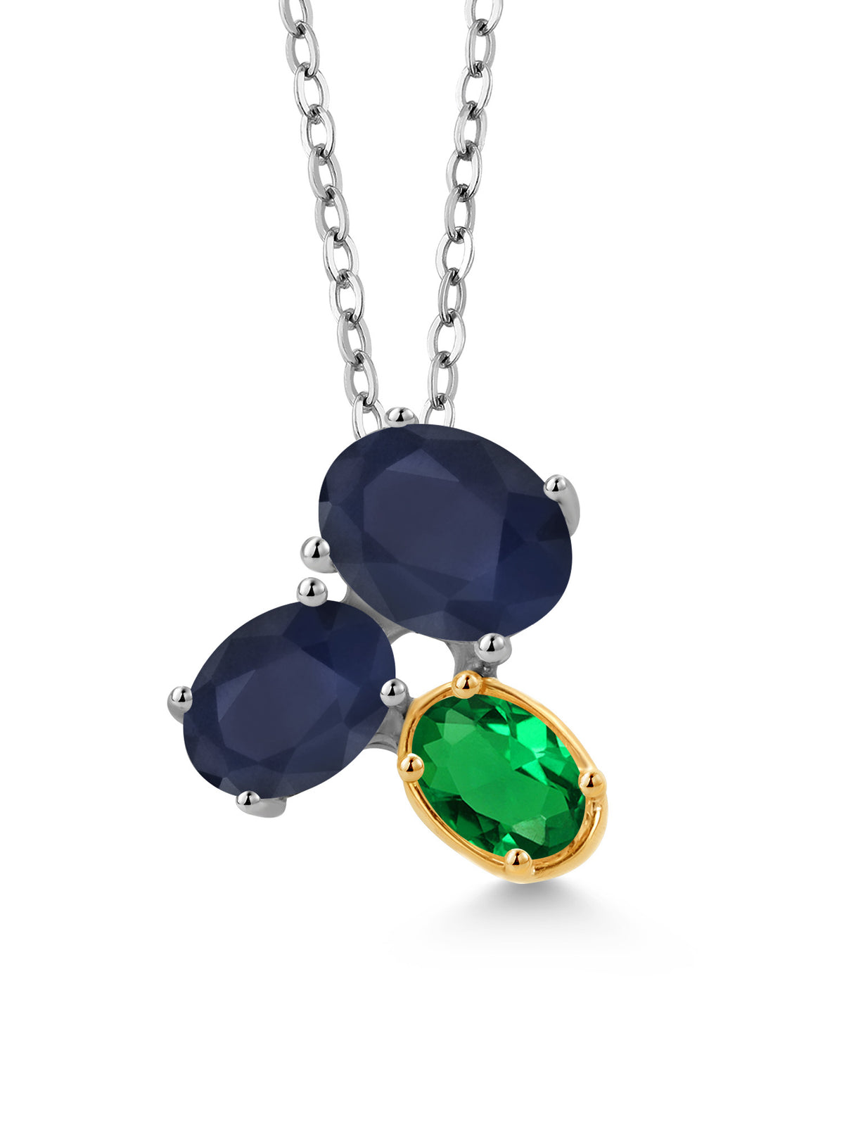 925 Silver 10K Yellow Gold Blue Sapphire Green Nano Emerald Pendant Necklace with 18 inch Chain F3726
