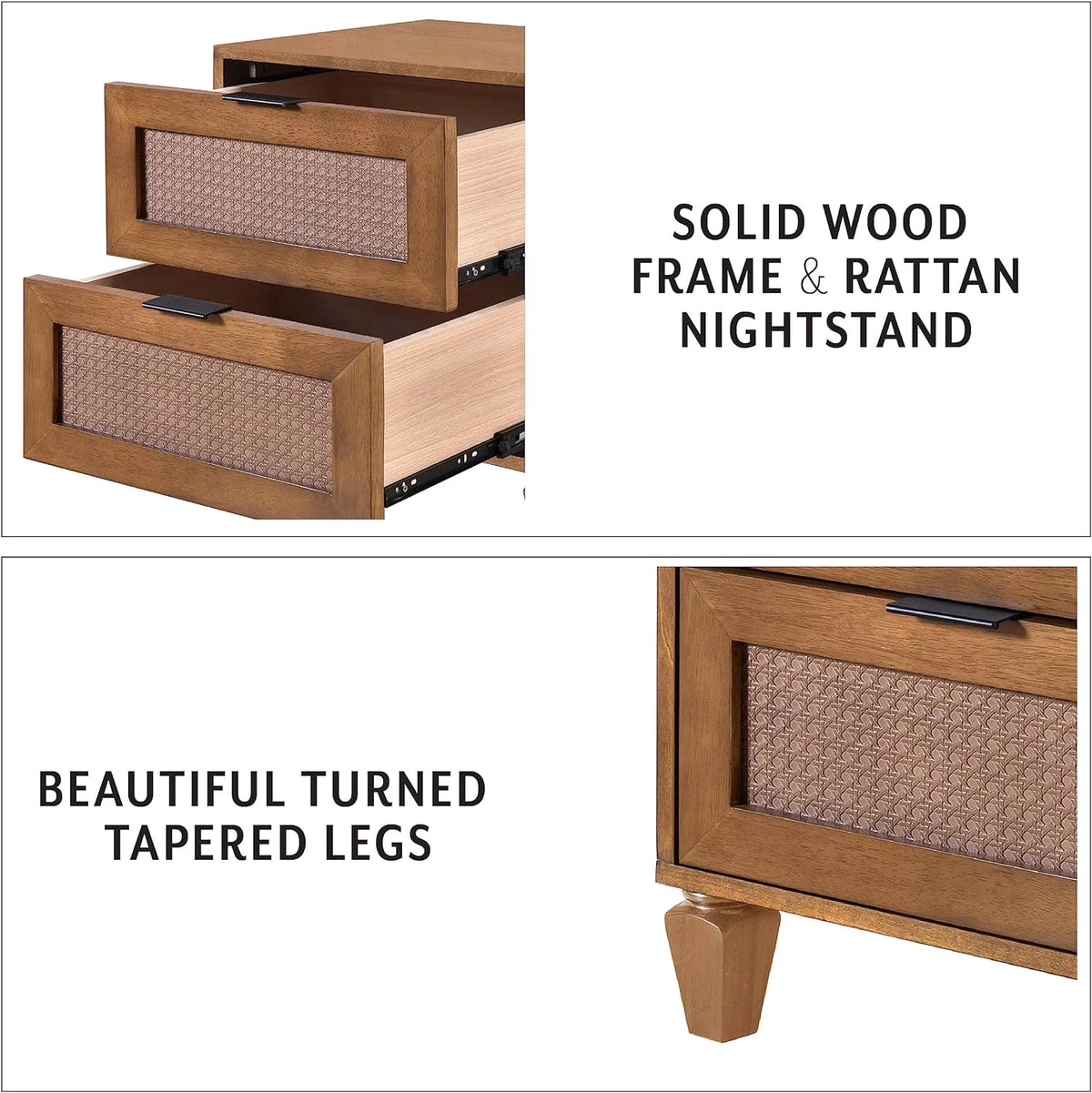 Walnut Rattan 2-Drawer Nightstand I47781