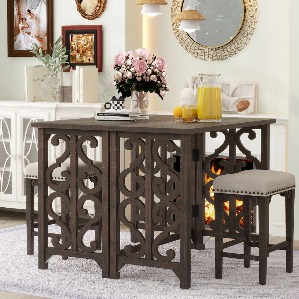 3-Piece Solid Wood Counter Height Dining Set with 2 Saddle Stools E4841