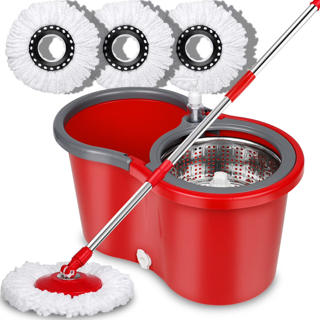Red & Gray Microfiber Spin Mop and Bucket with 3 Mop Heads E1828
