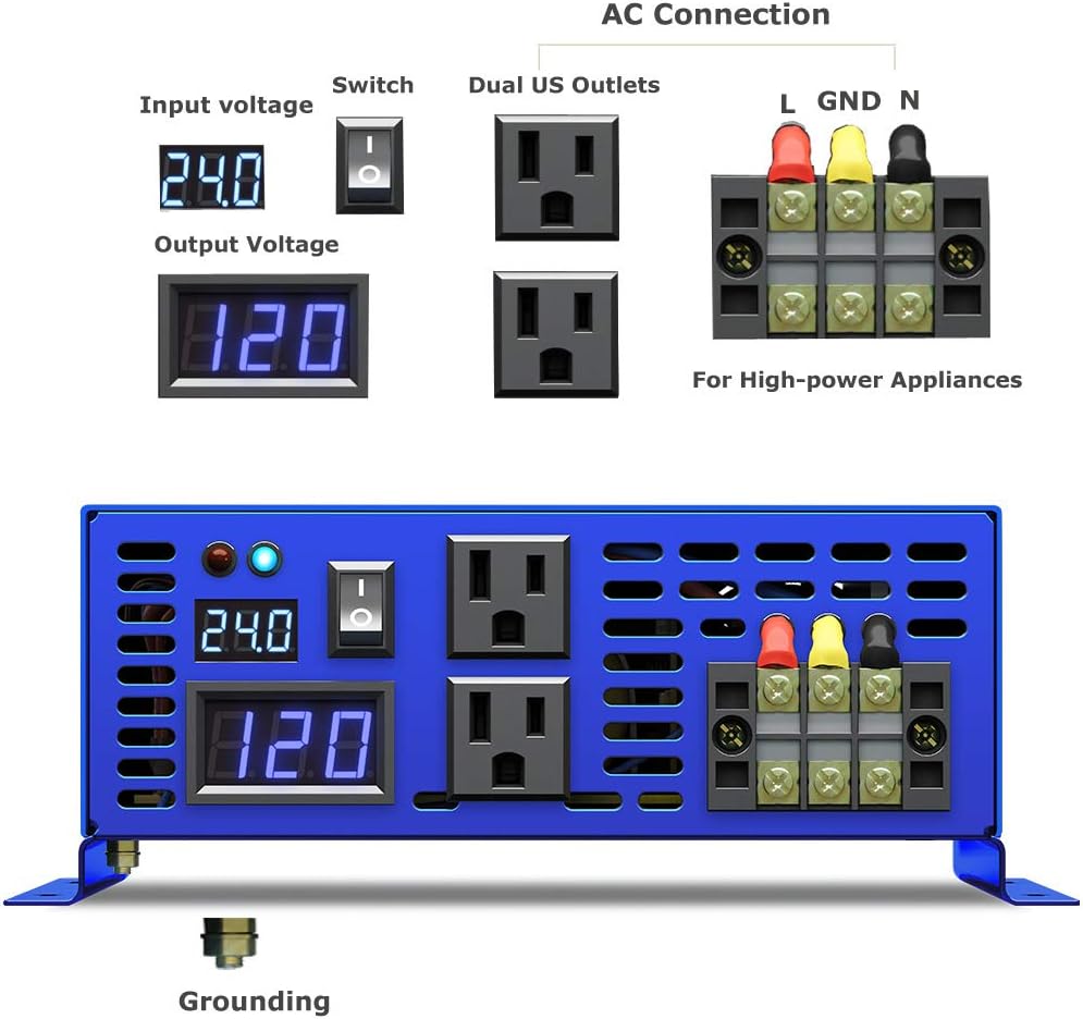 3000W Pure Sine Wave Power Inverter 24V to 110V 120V with Wireless Remote Switch A276