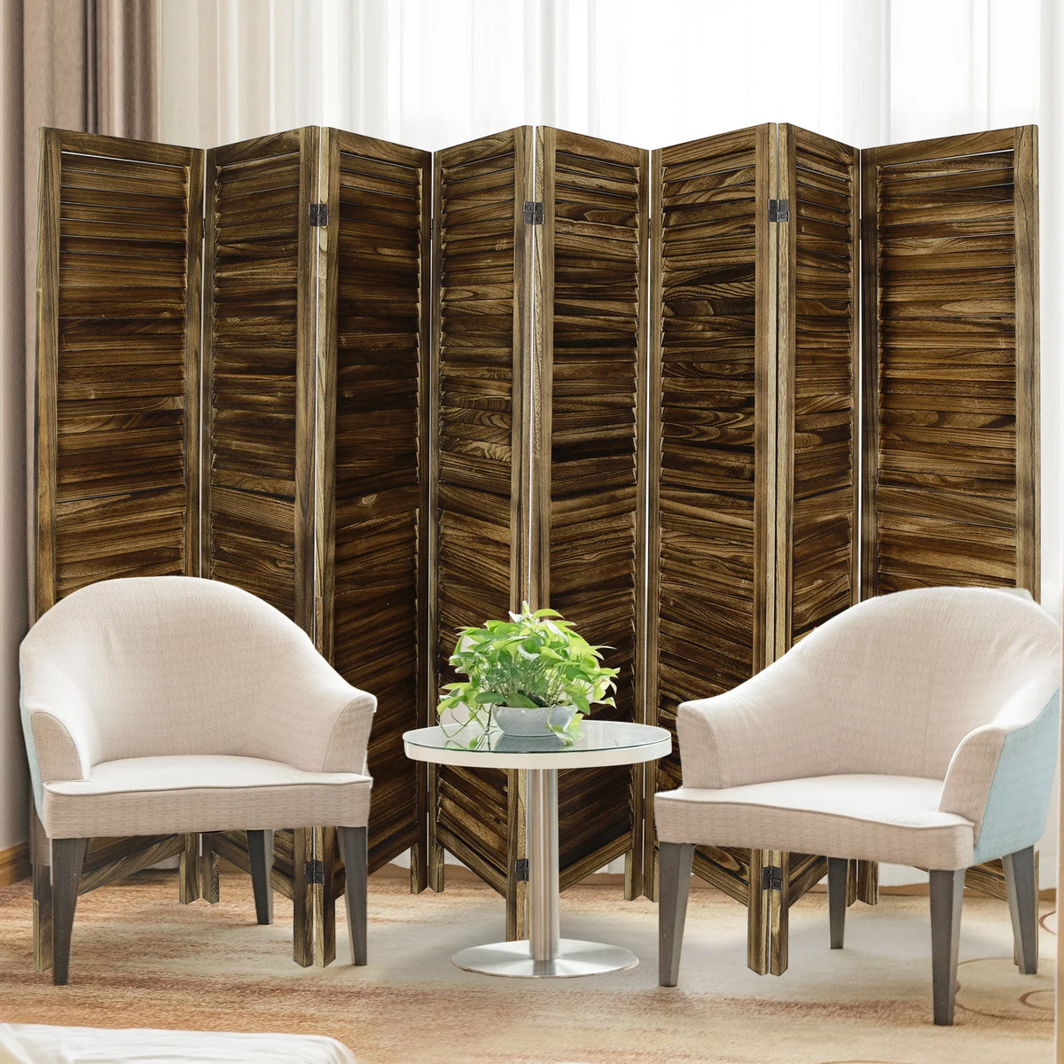 8 Panel Folding Room Divider Privacy Screen 5.6Ft Tall Brown Y6201
