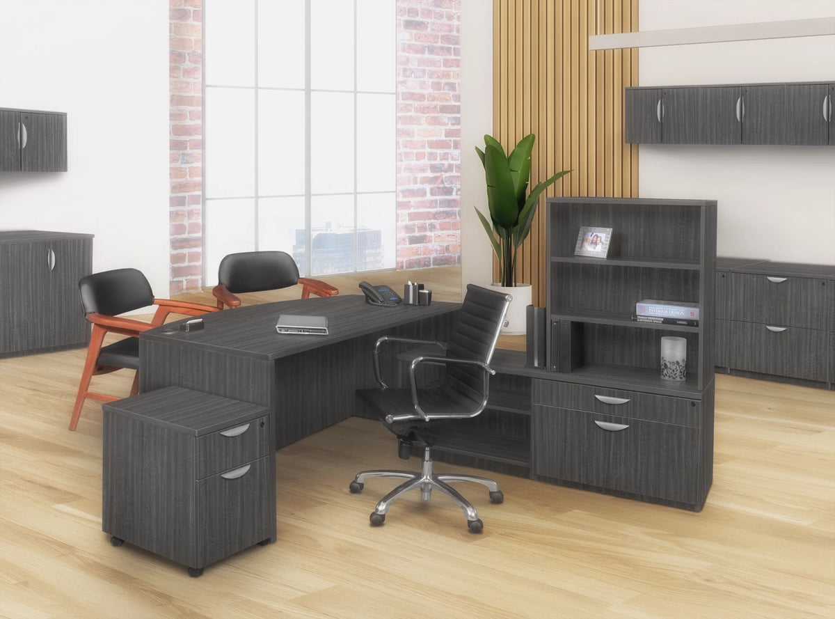 71 in. Hi-Low Bow Front L Desk Shell Ash Grey H730