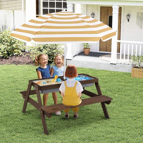 Kids Wooden Picnic Table and Chair Set with Umbrella R7530