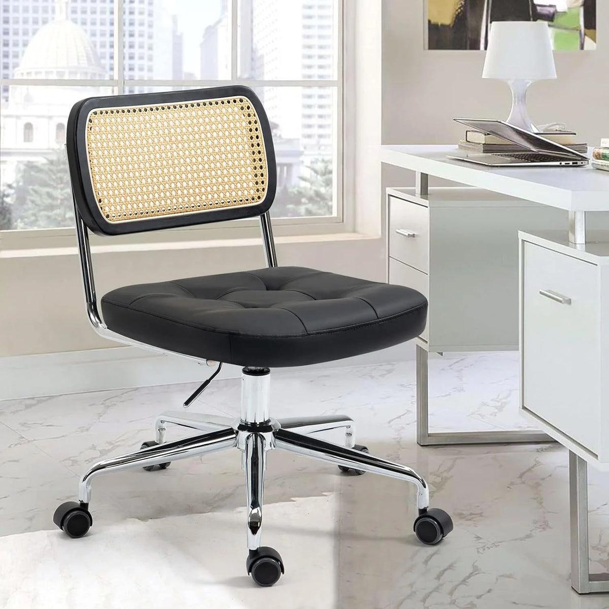 Black Leather Rattan Back Adjustable Swivel Office Chair W836