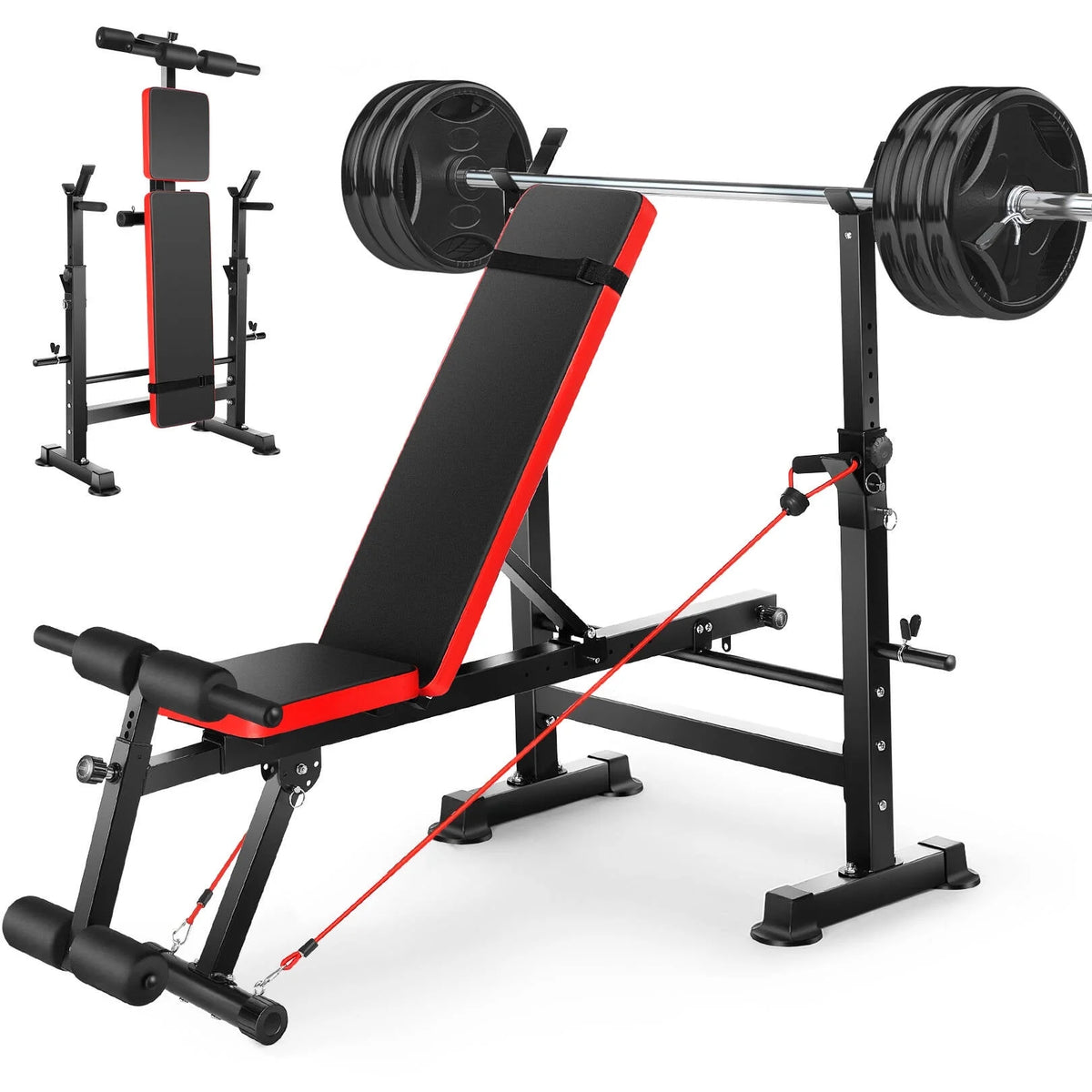 Adjustable Weight Bench Set with Barbell Rack and Resistance Bands C23939