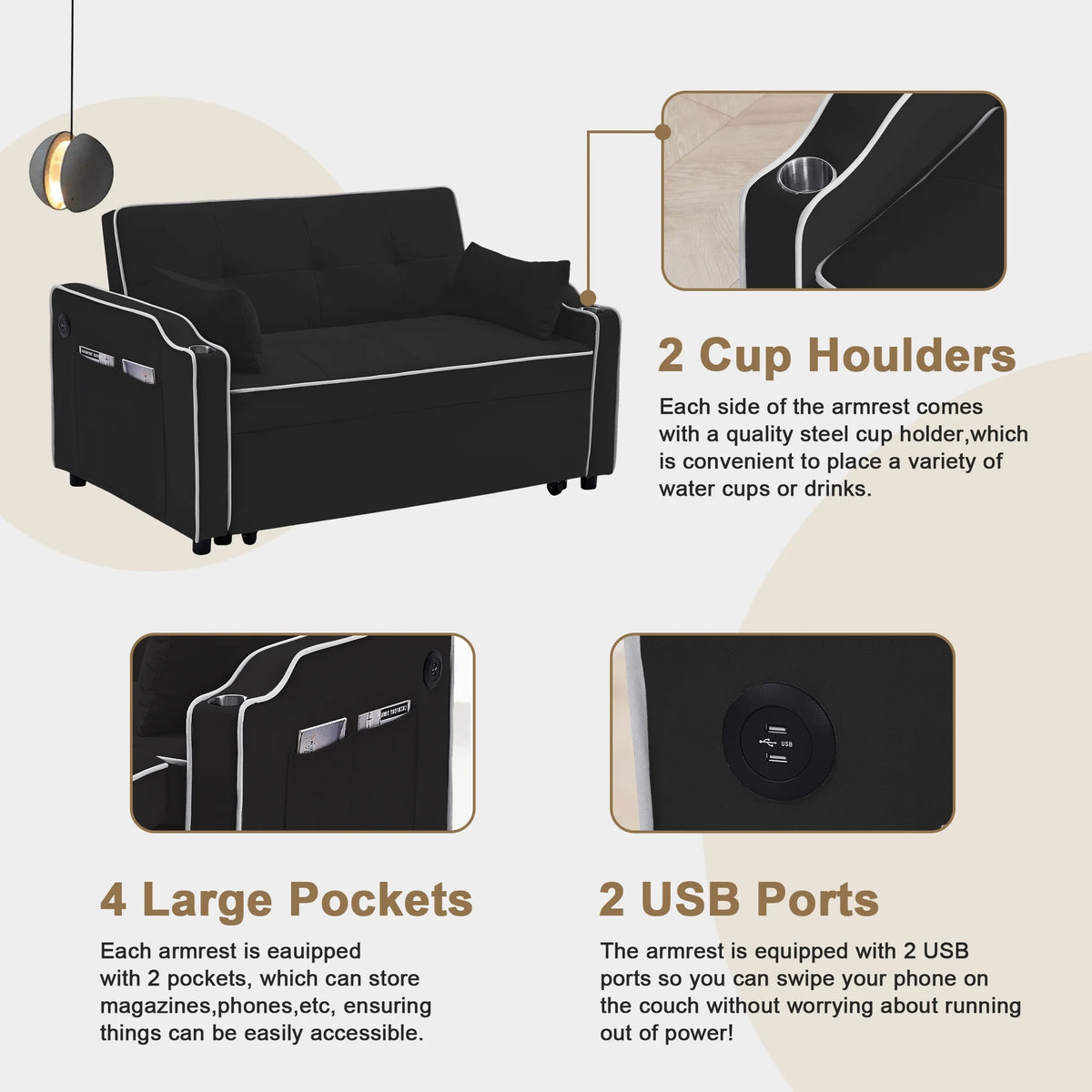 Black Pull Out Loveseat Sleeper Sofa Bed with Cup Holders P588502