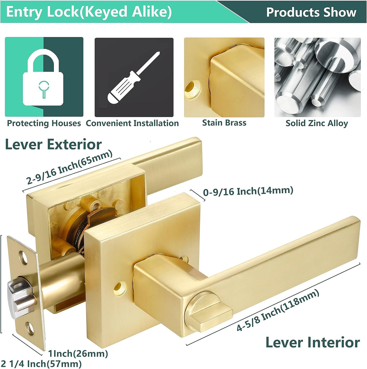4 Pack Square Euro Style Door Leversets in Stain Brass Finish with Keys H8910