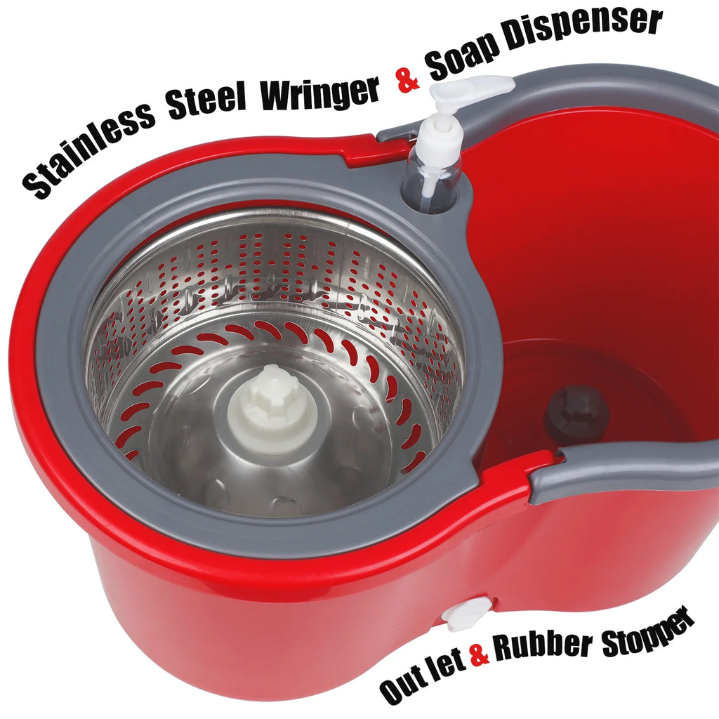 Red & Gray Microfiber Spin Mop and Bucket with 3 Mop Heads E1828