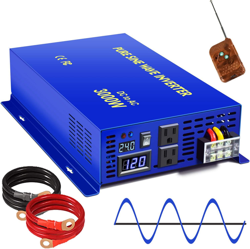 3000W Pure Sine Wave Power Inverter 24V to 110V 120V with Wireless Remote Switch A276