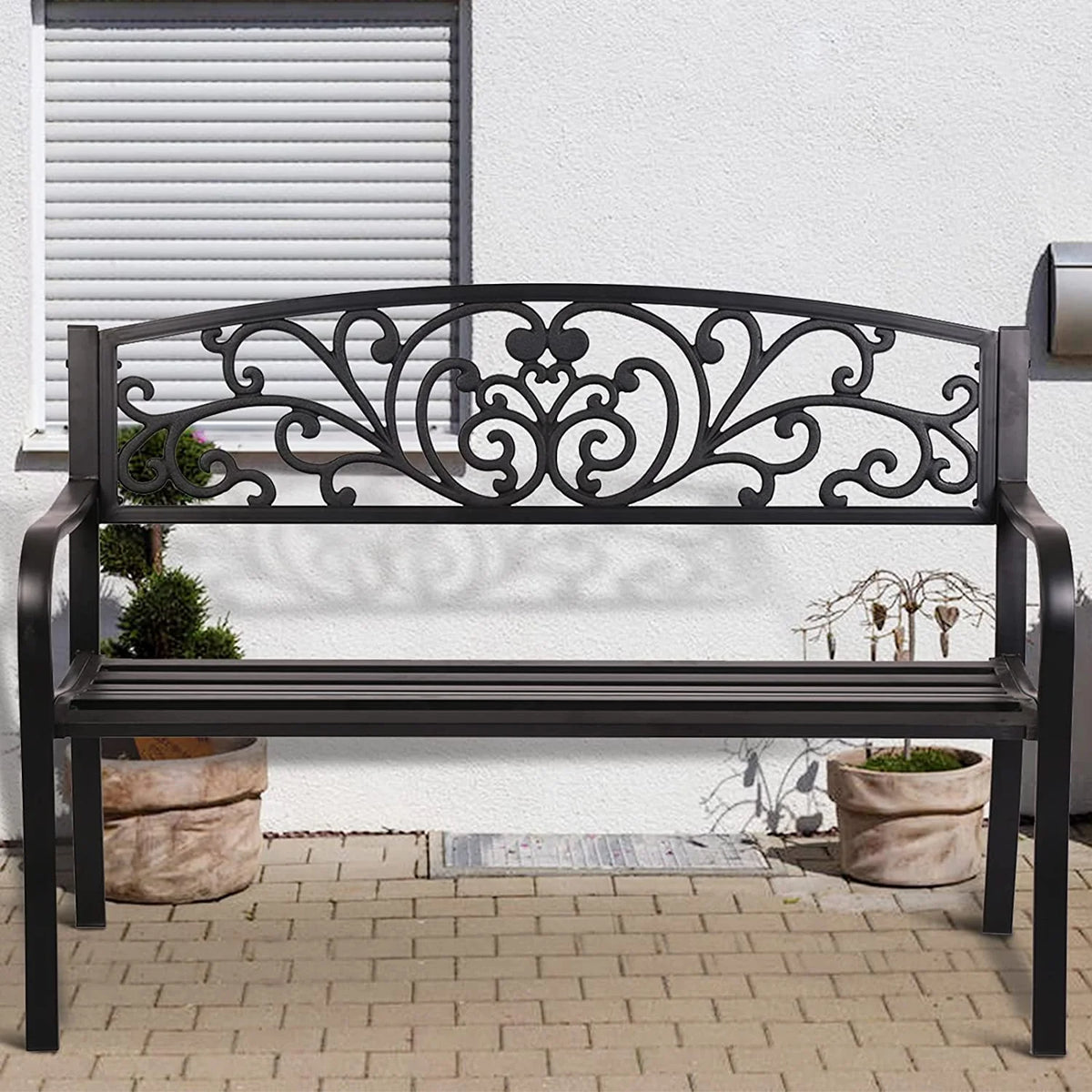 Black Steel Patio Bench with Back and Cast Iron Armrest M968