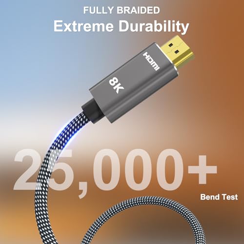 8K HDMI 2.1 Cable 20 ft, 48Gbps Ultra High Speed, 4K 240Hz, 8K 60Hz, HDR10+, eARC, Braided H7586