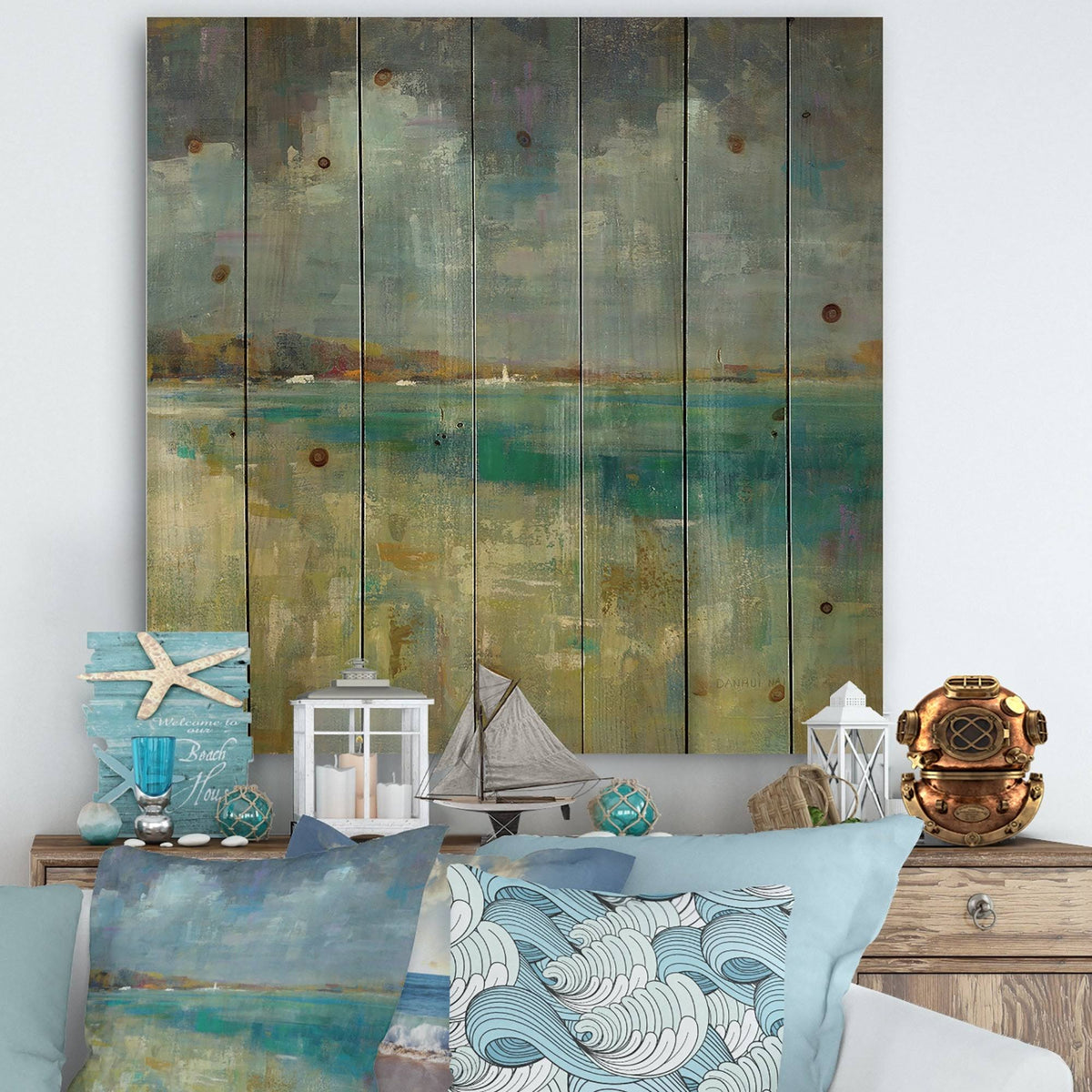 Nautical Coastal Print on Natural Pine Wood - Blue - 46 in. Wide x 46 in. High C128