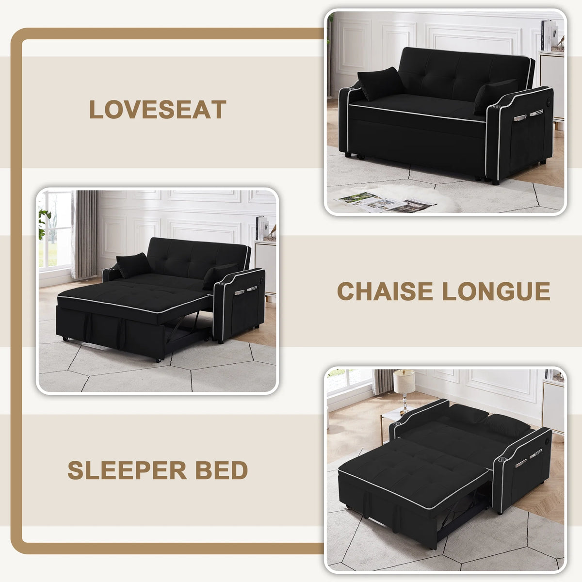 Black Pull Out Loveseat Sleeper Sofa Bed with Cup Holders P588502