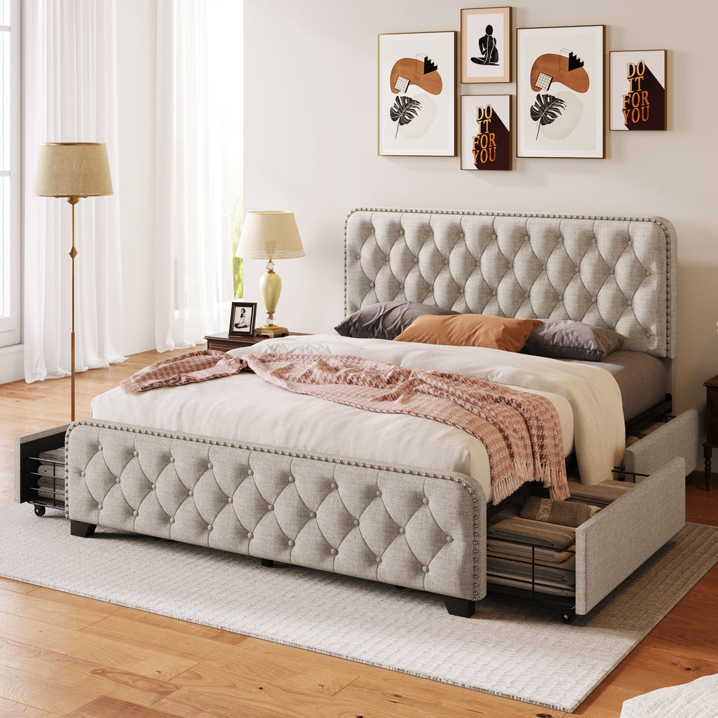 Beige Queen Upholstered Platform Bed Frame with Four Drawers I753372
