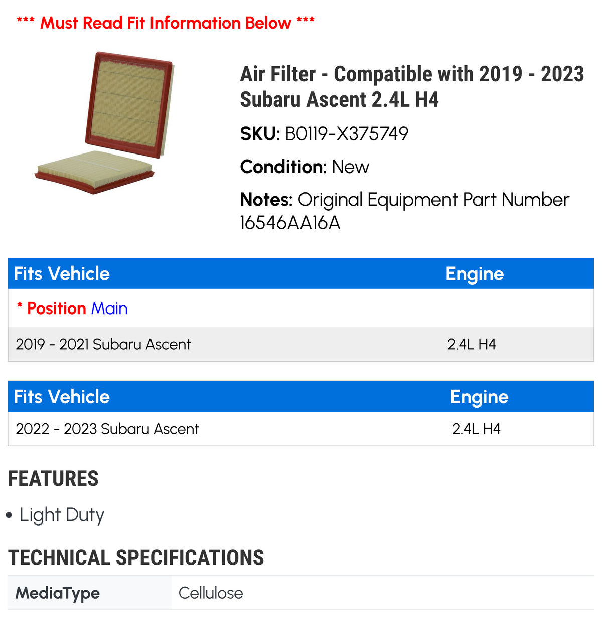 Air Filter for Subaru Ascent 2.4L H4 L519