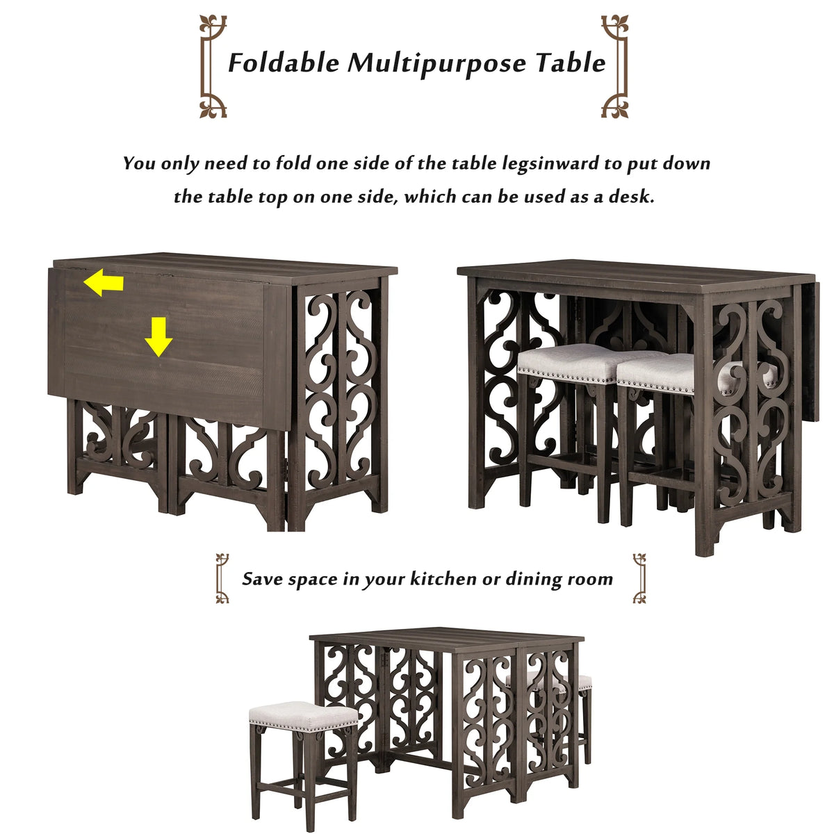 3-Piece Solid Wood Counter Height Dining Set with 2 Saddle Stools E4841