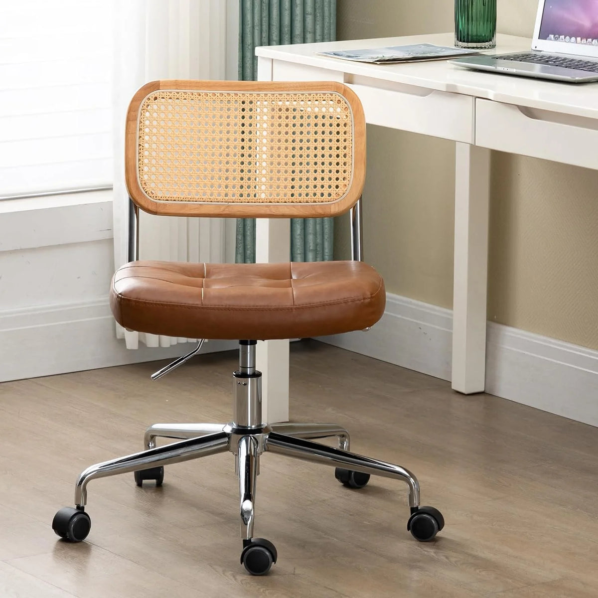 Black Leather Rattan Back Adjustable Swivel Office Chair W836