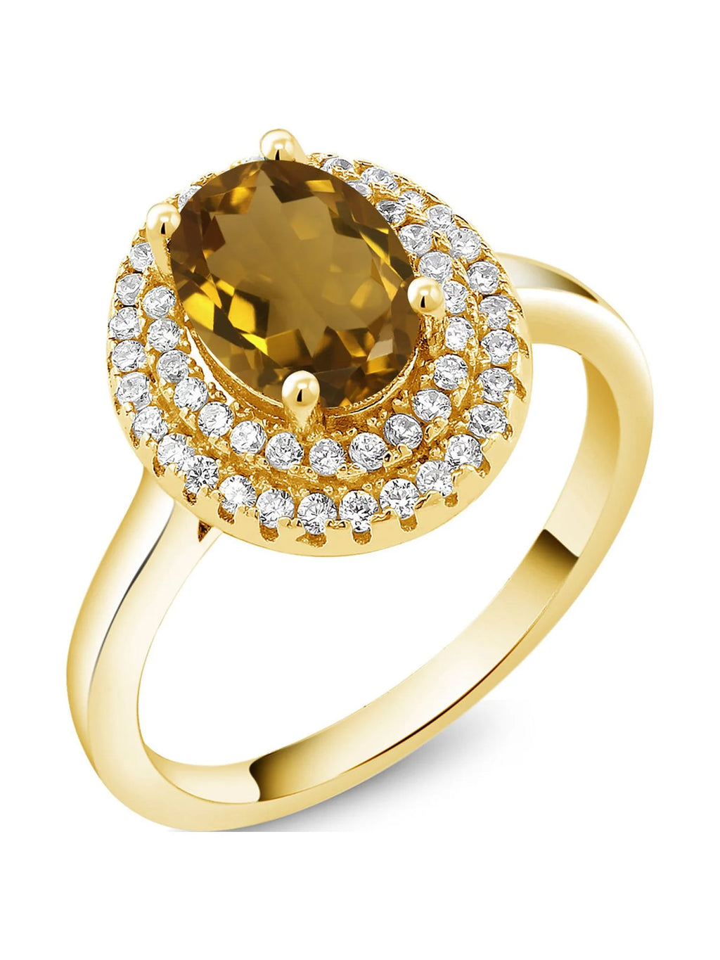18K Yellow Gold Plated Silver Oval Whiskey Quartz Halo Engagement Ring T92144