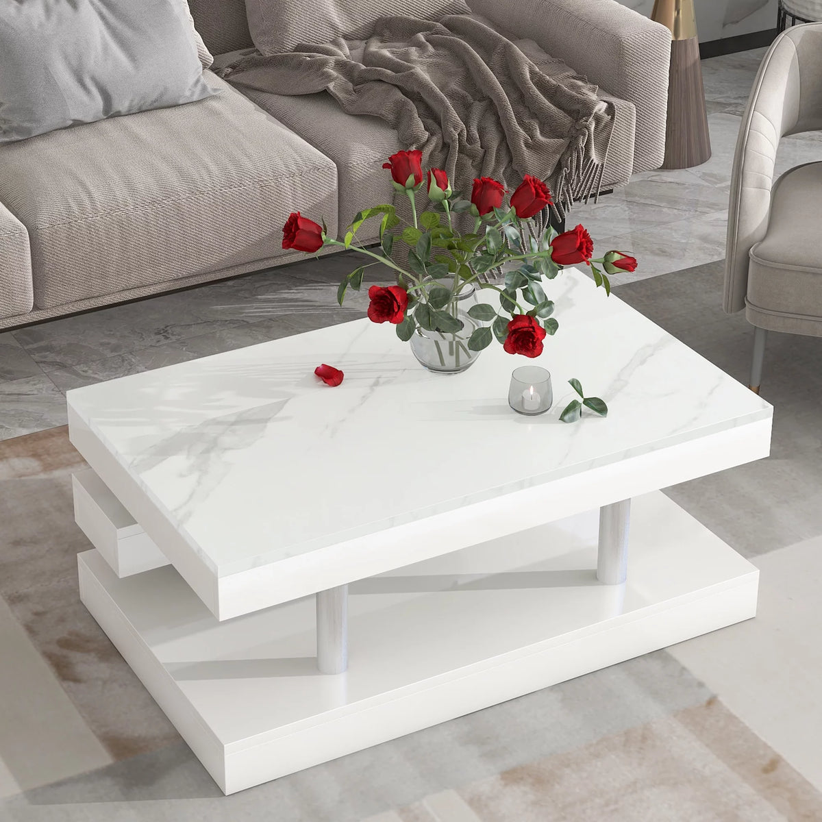White 2-Tier Coffee Table with Silver Metal Legs Z9297